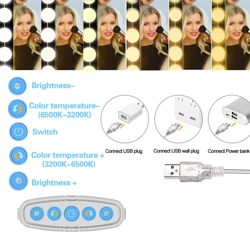 SICCOO أضواء مرآة سيكو، 10 لمبات قابلة للتعتيم، أضواء مرآة مكياج بتصميم هوليوود مع كابل USB، شريط إضاءة لطاولة المكياج، الحمام، غرفة الملابس، إلخ، أبيض - Image 2